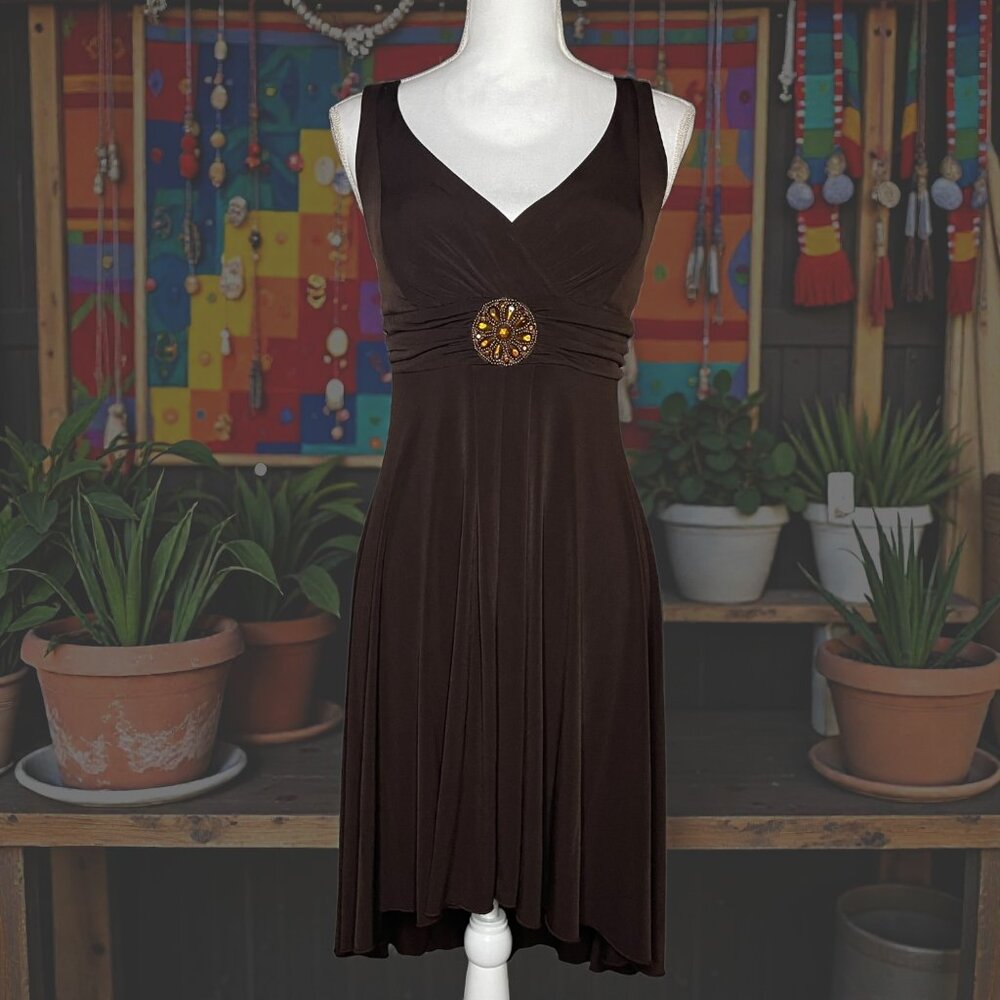 En Focus Petite 12 Brown Sleeveless Midi Dress - Beaded Y2K Retro Boho V Neck